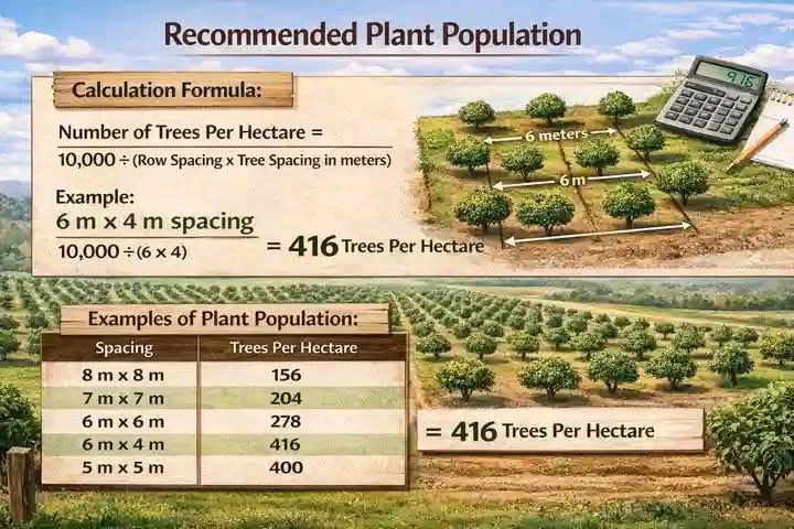 AimePatrickIra1's tweet photo. RECOMMENDED PLANT POPULATION GUIDE 

This highly informative infographic teaches farmers how to calculate optimal plant population per hectare a critical skill for maximizing yield while maintaining healthy tree and crop growth.

The Formula Explained
The calculation is straightforward:
Trees Per Hectare = 10,000 ÷ (Row Spacing × Plant Spacing)
10,000 represents the total square meters in one hectare. By dividing this number by the spacing measurements, farmers instantly know how many plants fit optimally.

Understanding the Reference Table
The infographic provides five spacing examples showing how tighter spacing increases population density while wider spacing reduces it. At 8m × 8m, only 156 trees fit per hectare, while 6m × 4m accommodates 416 trees   nearly three times more.

Applying This to Different Crops
Farmers can use this same formula for various crops using their recommended spacing:

Cereal Crops: Maize at 75cm × 30cm spacing yields approximately 44,444 plants per hectare, while rice at 25cm × 25cm produces around 160,000 plants per hectare.

Vegetable Crops: Tomatoes at 60cm × 60cm give roughly 27,778 plants per hectare, while lettuce at 30cm × 30cm supports approximately 111,111 plants per hectare.

Fruit Trees: Mango at 10m × 10m accommodates 100 trees per hectare, while citrus at 8m × 6m supports around 208 trees per hectare.

Root Crops: Cassava at 1m × 1m produces 10,000 plants per hectare, while yam at 1m × 0.5m supports 20,000 plants per hectare.

Key Takeaway
Understanding plant population density directly impacts yield optimization, resource efficiency, and overall farm profitability for every crop type grown.@AimePatrickIra1
