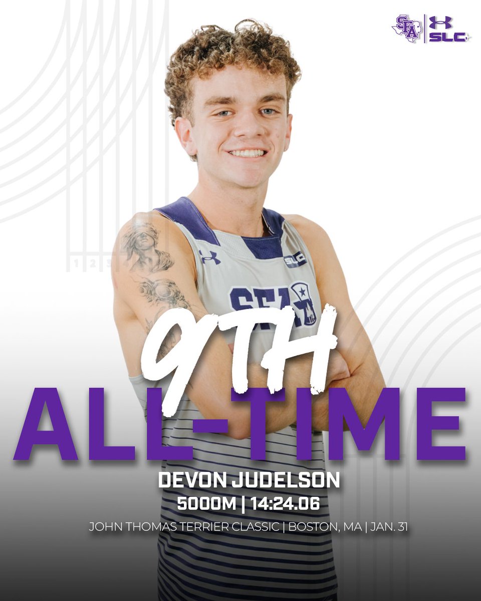 SFA_TFXC's tweet photo. Handled business 💼

Devon Judelson finishes with a time of 14:24.06 for the 9th all-time fastest finish in the 5000m in SFA T&amp;F indoor school history! 

#AxeEm https://t.co/OBJBiq67qb
