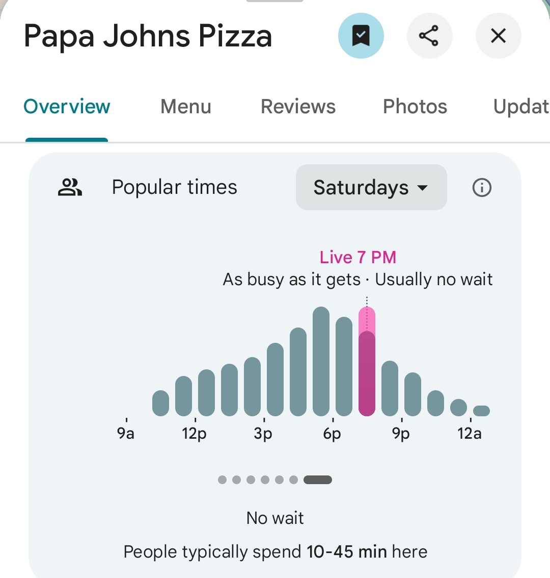 PenPizzaReport's tweet photo. Update: Both Papa Johns locations nearby the Pentagon report above average traffic. 

In addition Pizzato Pizza and the 2nd closest Dominos reports above average traffic. 

Freddies Beach Bar is busy.

As of 7:13pm ET https://t.co/mkVe9sLlGy