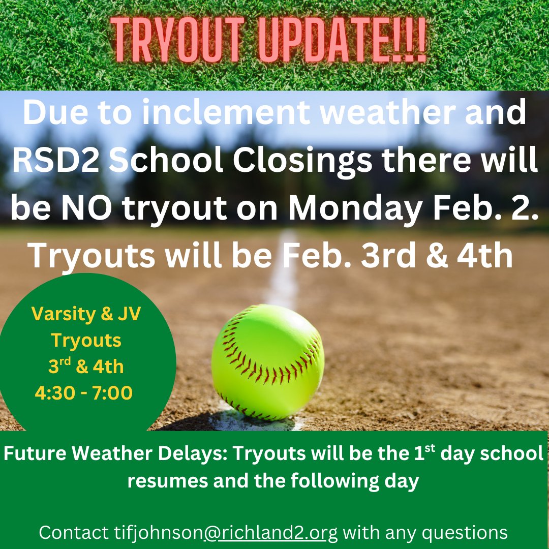 Softball Tryout Update- Postponed to Feb. 3rd &amp; 4th