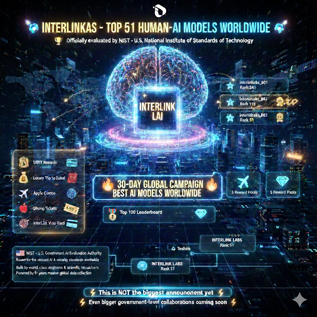 ShaikVra's tweet photo. 🚀 INTERLINK LABS hits TOP 51 Human-AI Models Worldwide 🌍
Officially evaluated by NIST (U.S. National Institute of Standards &amp; Technology) 🇺🇸
🔥 30-Day Global Campaign LIVE
🏅 Top 100 Leaderboard | 💎 5 Reward Pools
This is only the beginning.
#InterLinkLabs #Top51AI #ITLG https://t.co/uVt9lvMYBL