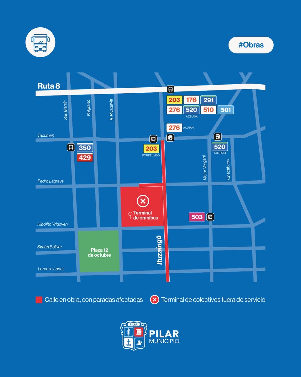 MunicipioPilar's tweet photo. ‼️Mapa de las paradas de colectivos provisorias en Pilar Centro‼️

Seguimos avanzando con la obra hidráulica en Pilar Centro y por eso te acercamos donde vas a encontrar las paradas de colectivo provisorias 🚧👷‍♂️

👉🏼 Desliza y conoce toda la información que necesitas. https://t.co/70HCCDkFzC