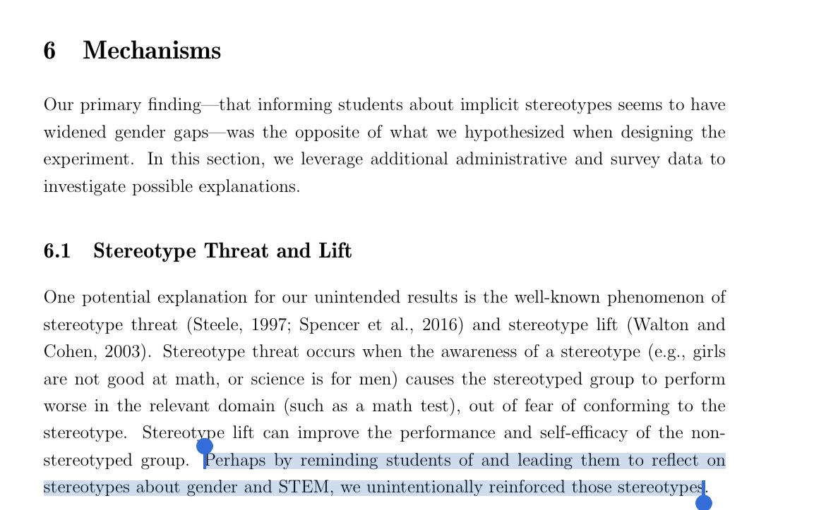 neetu_arnold's tweet image. Who could’ve seen this coming?🙄

Implicit bias trainings DISCOURAGE women in STEM:

“By reminding students of &amp;amp; leading them to reflect on stereotypes about gender and STEM, we unintentionally reinforced those stereotypes”