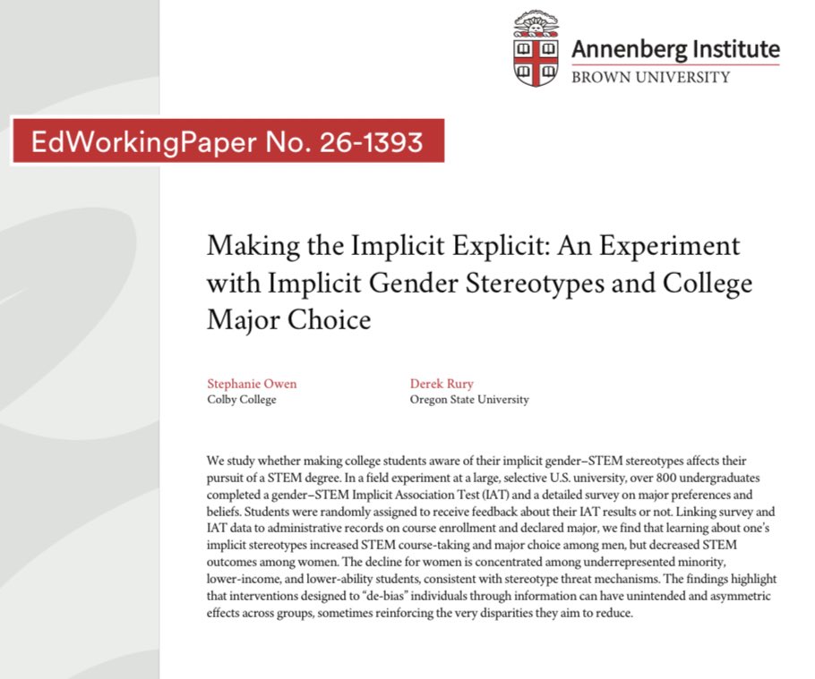 neetu_arnold's tweet image. Who could’ve seen this coming?🙄

Implicit bias trainings DISCOURAGE women in STEM:

“By reminding students of &amp;amp; leading them to reflect on stereotypes about gender and STEM, we unintentionally reinforced those stereotypes”