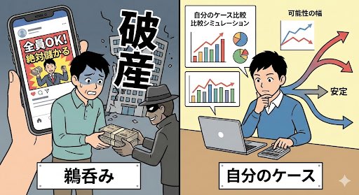 tra_miz's tweet photo. 【鵜呑み＝不幸】
SNSの不動産情報で一番危険なのは
「全員に当てはまる正解がある」
と思うこと。正解なんて存在しない。
やるべきは“自分のケース”に当てはめて比較とシミュレーション。答えじゃなく、可能性の幅を知ること。
#住宅購入 #不動産 https://t.co/UaNE64lx2w