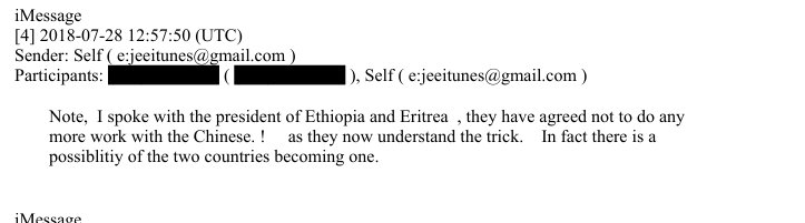 SamuelTsegai1's tweet photo. I searched for #Eritrea and #Ethiopia in the Epstein files and found something very interesting. Epstein claims to have talked to the "president of Ethiopia and Eritrea" in July 2018 and curiously refers to the "possibility of the two countries becoming one." https://t.co/6sofrQlyu2