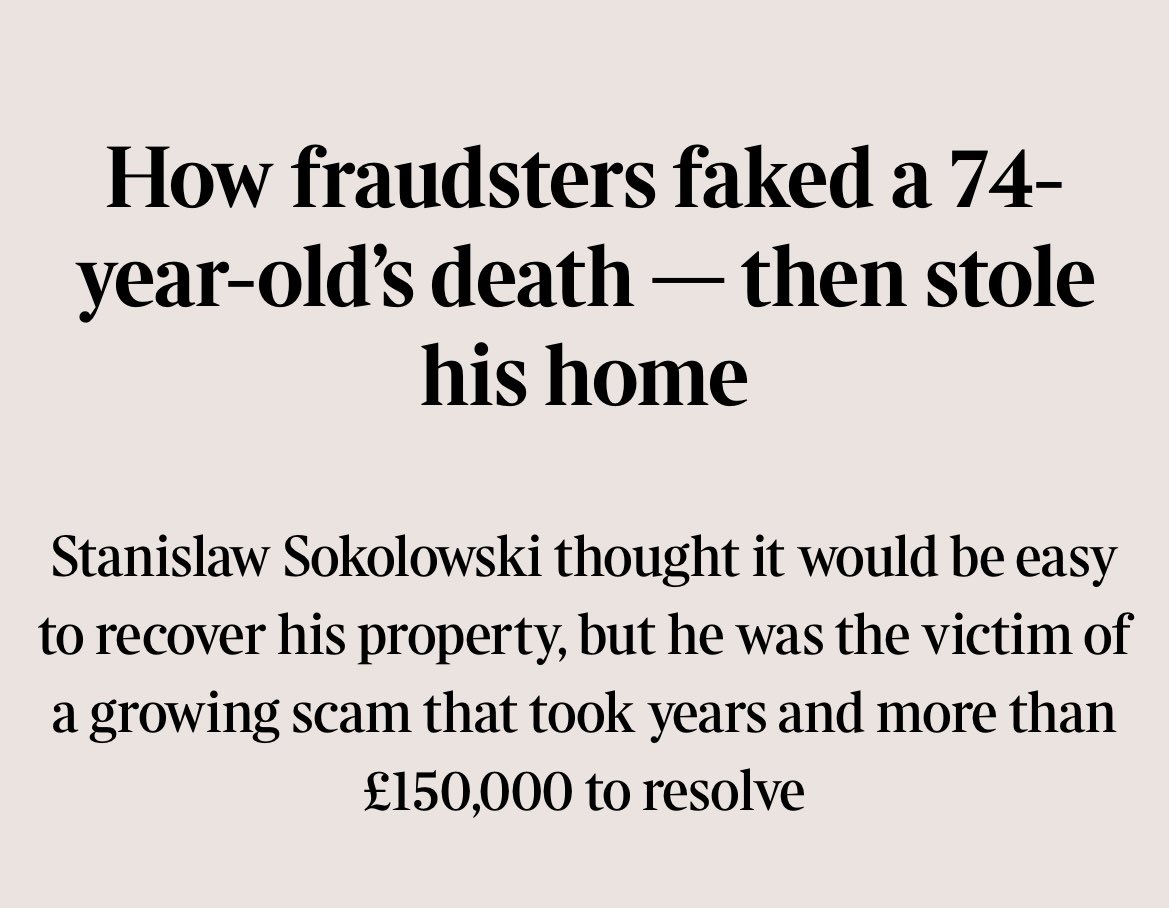 BarbaraRich_law's tweet photo. I have heard similar stories to this by @Gabriel_Pogrund of fraud on the Land Registry and the Probate Registry, of stealing title to an elderly man’s home and forging a will and probate in his lifetime. If you own property, set up a Land Registry alert

https://t.co/JZvsXEcASv https://t.co/V9S5Y4FcCf