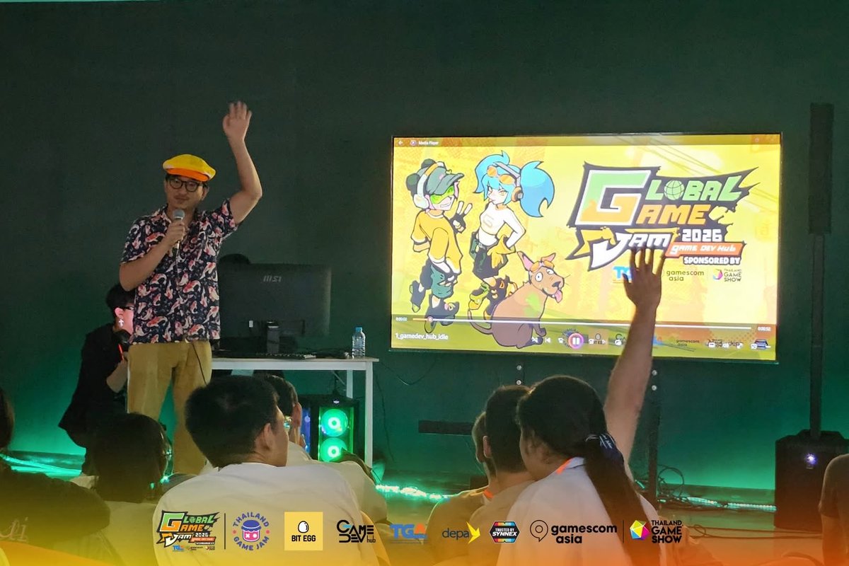 THgamejam's tweet photo. Highlights from Opening Day @ Global Game Jam 2026 at Game Dev Hub, Bangkok! 

Sponsored by TGA &amp; gamescom asia x Thailand Game Show

🗒️ Keynote: Richmond Lee (Bit Egg) &amp; Kumpalit Phuttipinyo (Game Dev Hub)
🎙️ Industry speaker sessions
🎮 Address by Sittichai Theppaitoon (TGA) https://t.co/Xnt1itYXWW