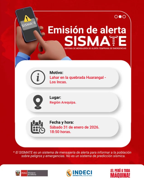 COENPeru's tweet photo. 📢 Emisión de Mensajería N.° 032-2026 | #Lahar en la quebrada Huarangal – Los Incas | @Sismos_Peru_IGP.
⚠️Riesgos asociados: afectación a viviendas, cultivos y vías de comunicación.
🚨Aléjate de las torrenteras por donde podría desplazarse el lahar.
🚨Se recomienda identificar las zonas seguras, rutas de evacuación y puntos de reunión.
🚨Prepara tu Mochila para Emergencias y sigue las orientaciones emitidas por las autoridades competentes.