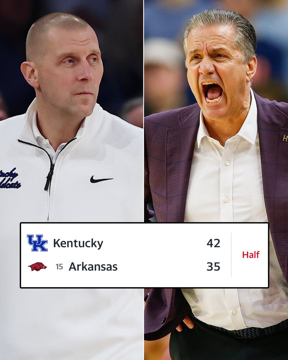 YahooSports's tweet photo. John Calipari and No. 15 Arkansas have work to do at the half against Cal's former team 👀 https://t.co/hfQtOsUD3Z
