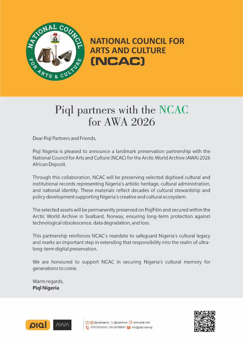PiqlAfrica's tweet photo. Participation &amp; Support Options:

• Deposits (Institutional / Private / Community)

• Sponsorship &amp; Recognition

• Documentary inclusion

Arctic World Archive | February 2026

#ArcticWorldArchive
#AWAAfrica2026
#AfricanDebut
#PiqlAfrica
#PiqlNigeria
#PreservingMemory https://t.co/7mojpgARXn