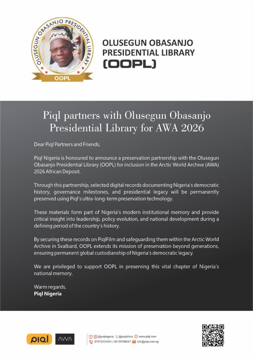 PiqlAfrica's tweet photo. Participation &amp; Support Options:

• Deposits (Institutional / Private / Community)

• Sponsorship &amp; Recognition

• Documentary inclusion

Arctic World Archive | February 2026

#ArcticWorldArchive
#AWAAfrica2026
#AfricanDebut
#PiqlAfrica
#PiqlNigeria
#PreservingMemory https://t.co/7mojpgARXn