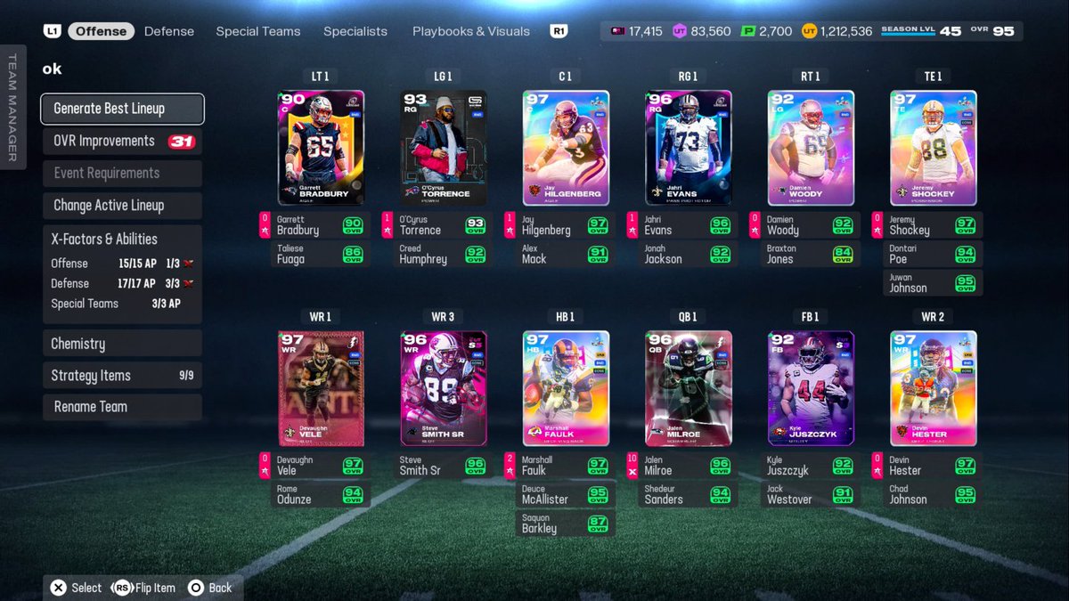 WesleyyG's tweet image. This is the best team in MUT.
50 Saints
20 Bears
20 Superbowl
99 Speed Hester , 98 Shaheed, 97 Vele at WR
99 Speed Shockey at TE
98 Speed Faulk RB
99 Speed Mcallister, 98 Deion, 97 Atwater, 97 Sammy Knight, 97 Jobe at DB
97 Speed Singletary User
This Team improves the most when