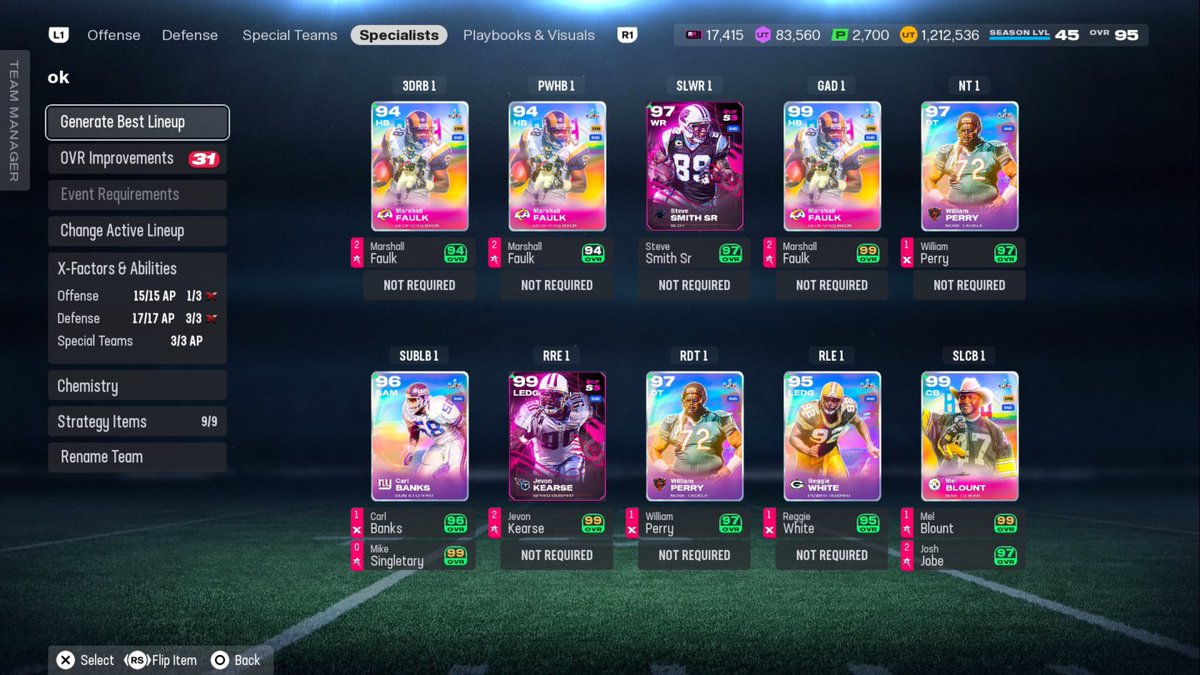 WesleyyG's tweet image. This is the best team in MUT.
50 Saints
20 Bears
20 Superbowl
99 Speed Hester , 98 Shaheed, 97 Vele at WR
99 Speed Shockey at TE
98 Speed Faulk RB
99 Speed Mcallister, 98 Deion, 97 Atwater, 97 Sammy Knight, 97 Jobe at DB
97 Speed Singletary User
This Team improves the most when