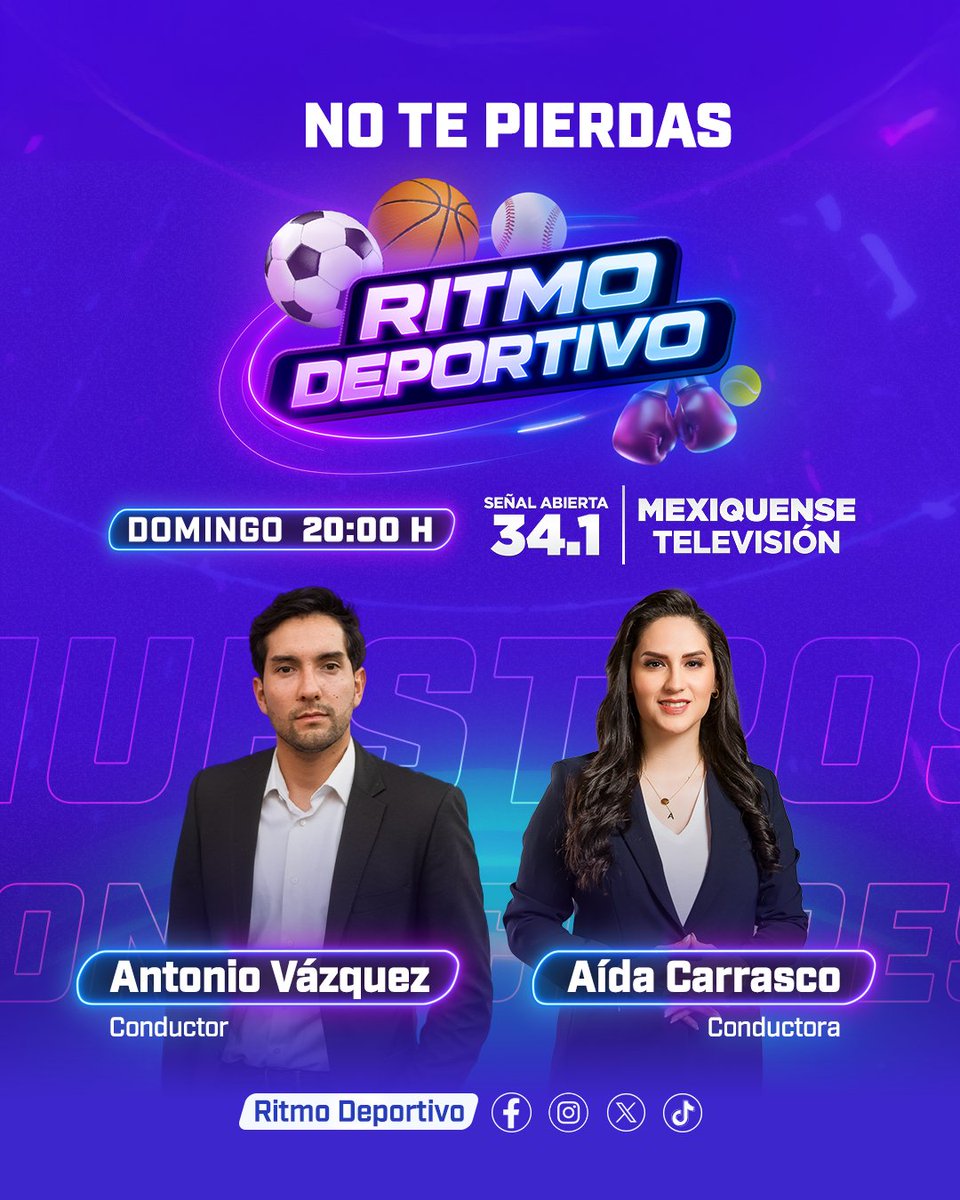 ¡El deporte se vive con intensidad! 🏆 Únete a Aída Carrasco y Antonio Vázquez en el estreno de #RitmoDeportivo, el nuevo espacio donde la pasión de la afición y el análisis experto juegan en el mismo equipo.

🗓️ Domingo, 20:00 h 📺 <a href="/mexiquensetv/">Mexiquense</a> y redes sociales.

#NuestraCancha