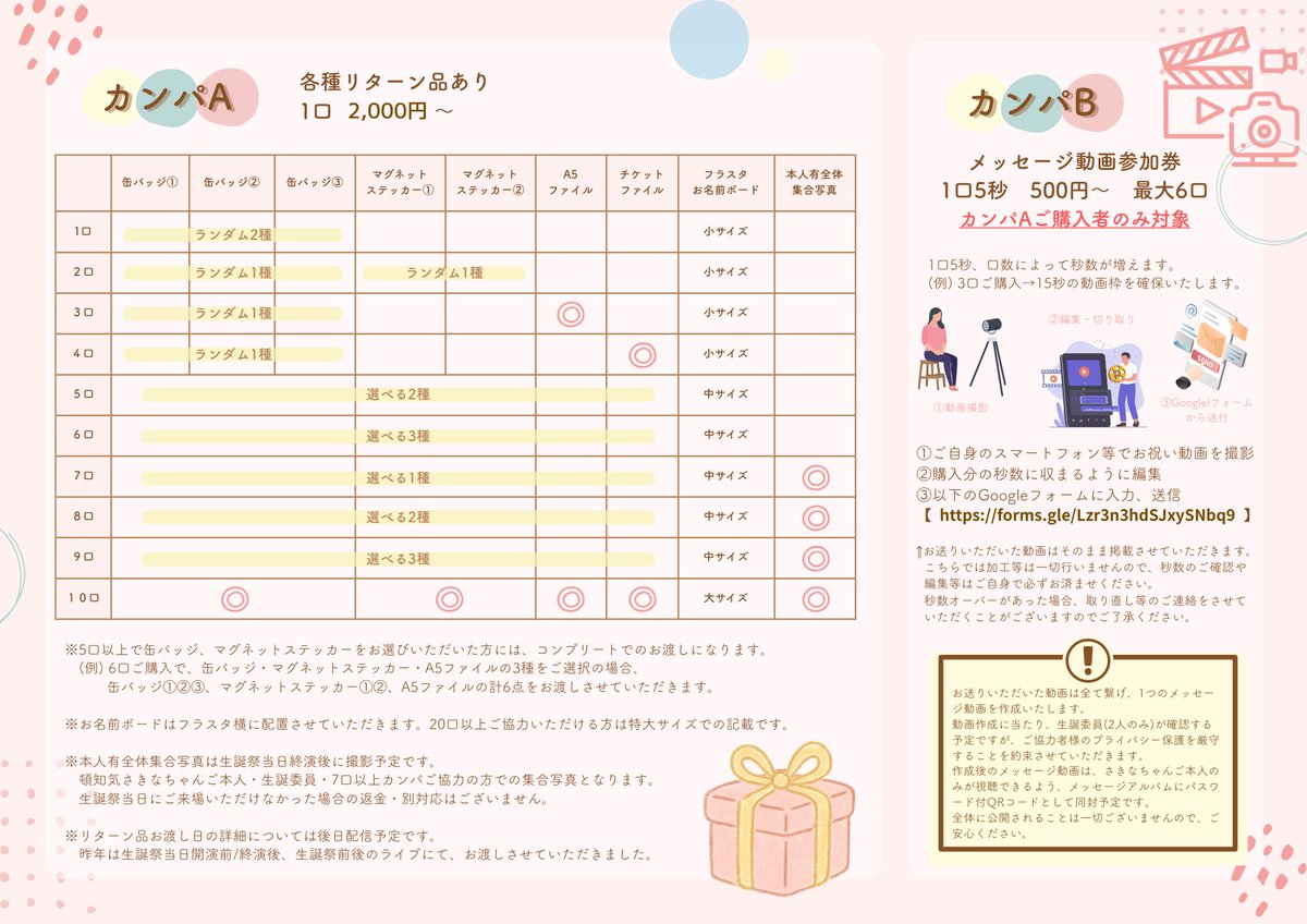 【お知らせ📢　カンパvol.2】
リターンありのカンパvol.2が改めて開始です！詳しくは画像をご覧ください🌱
※チケット選択が分かりにくいです。ご注意ください🙇🏻‍♀️
livepocket.jp/e/sakinabirth2…

vol.1(リターンなし)も引き続き行っております！皆様のご尽力お願いいたします🙇🏻‍♀️
livepocket.jp/e/sakinabirth2…