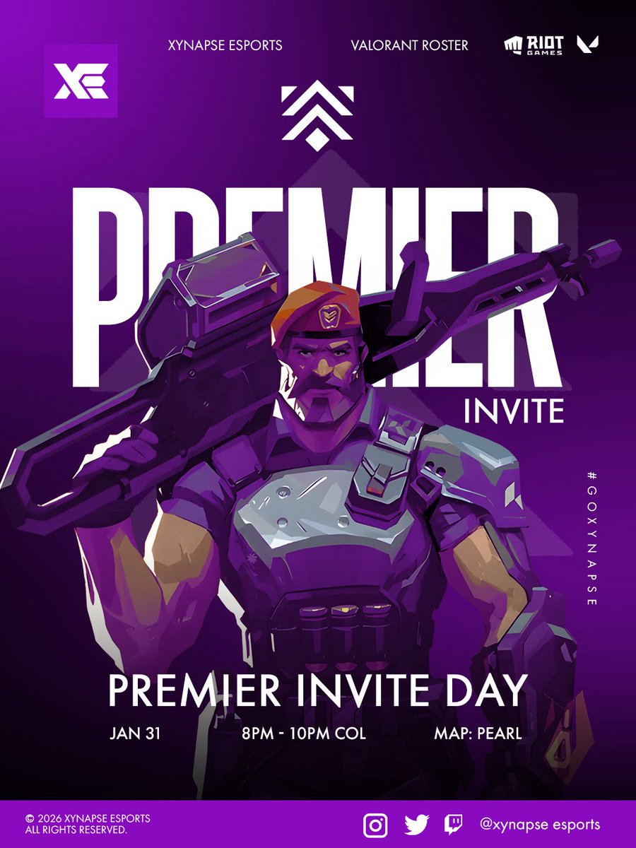 XynapseEsports's tweet photo. 💥 Premier Invite Day 💥
Listos para otra noche de premier.
⏰ 8PM – 10PM COL
📍 Mapa: Pearl
#GoXynapse 🟣⚡ #VALORANT https://t.co/UR7c5FJqrV