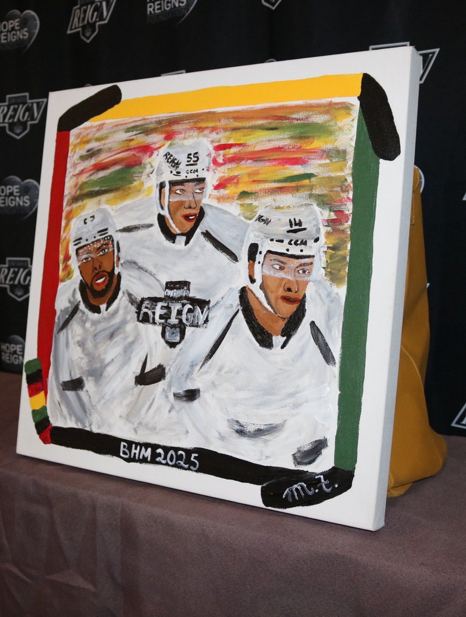 MFTheBrand's tweet photo. Tomorrow, I’ll be live painting at the Ontario Reign Black Heritage Celebration game for the second year in the row and this year, I also designed a specialty puck with proceeds going to the Reign Foundation. 

Here’s what I created last year.

#Artist #Athlete https://t.co/m5iGQ91QUI