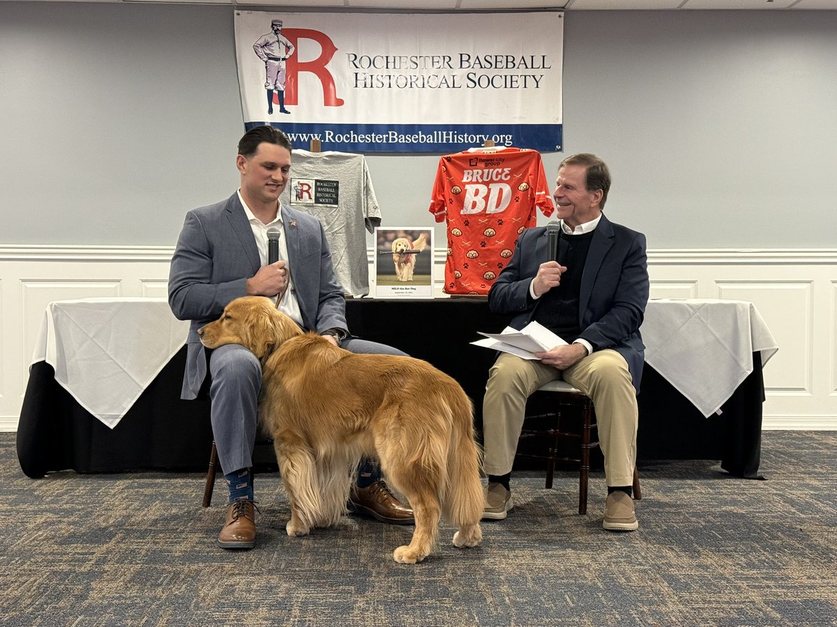 klesko86's tweet photo. Celebrating @sabr #sabrday with the goodest guest ever - @RocRedWings Bruce the Bat Dog and owner/trainer Joshua Snyder https://t.co/6mXA6ut7EV