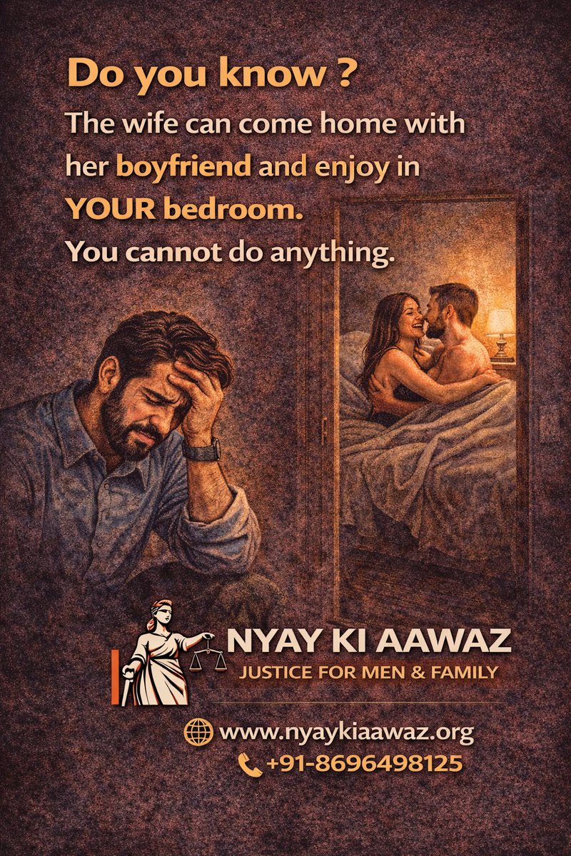 AlishaF26105's tweet image. क्या यह भी “न्याय” है?
वैवाहिक घर में बेवफ़ाई हो, फिर भी पति कुछ न कर सके क़ानून को संतुलन और जवाबदेही चाहिए, आँख मूँदना नहीं।#LegalReform #StopMisuse  #NyayKiAwaaz #JudicialReform #JusticeForMen #Stop498AMisuse #Adultery
#StopIllogicalMaintenance #FamilyJustice #LegalReformIndia