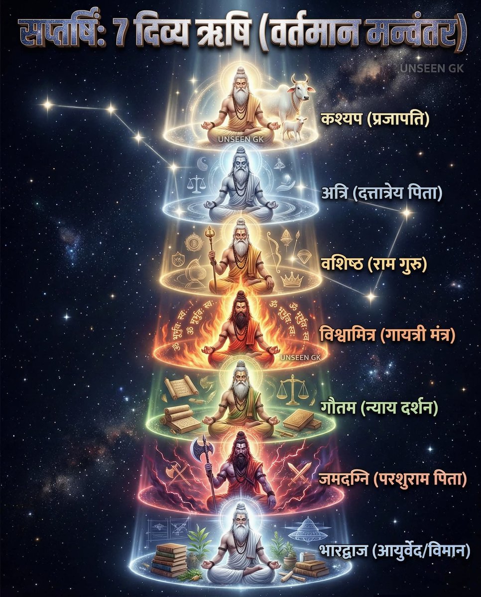 🧵 Saptarishi: The 7 Divine Sages who shaped Human Civilization
(Ancient Wisdom • Modern Relevance)
This isn’t mythology.
This is the operating system of Sanatan Dharma 👇