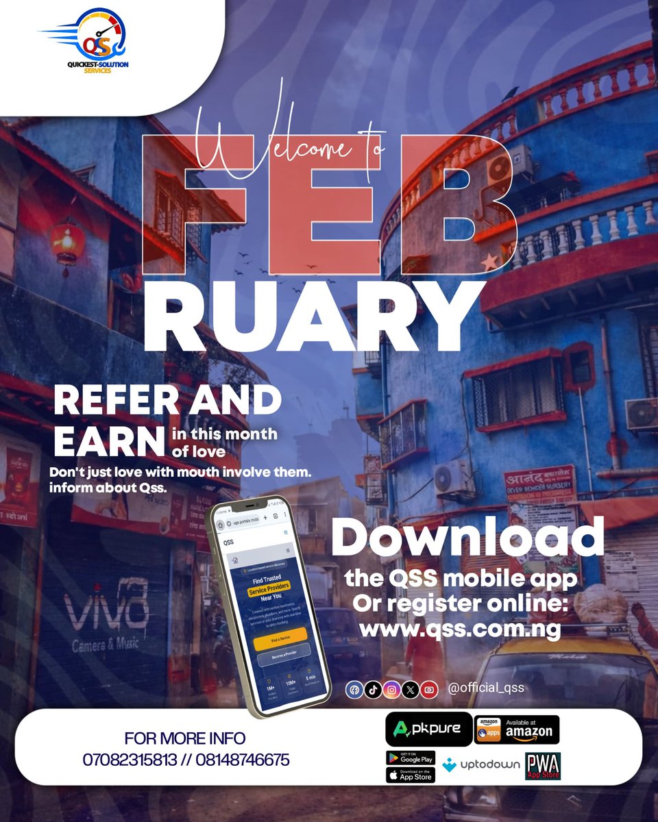 official_qss's tweet photo. When you REFER an ARTISAN to register and subscribe you EARN 20%. Telling someone about QSS shows you love the person
REFER AND EARN visit the website or download the app and register as a refferer to start reffferiing and earning 
#qss #qssmobileapp #quickestsolutionservices https://t.co/sPdvvVyTBI