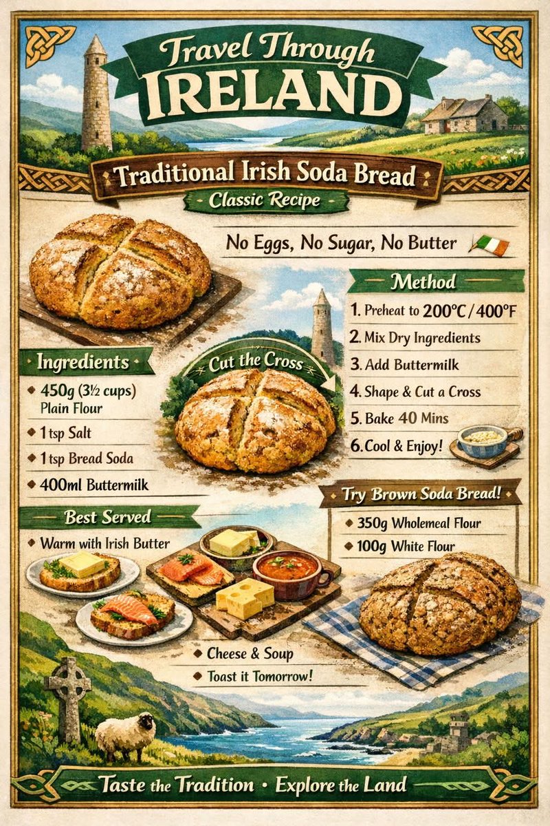🍞 Traditional Irish Soda Bread 🇮🇪

Simple, honest baking the Irish way — no yeast, no fuss, just real ingredients

Ingredients:
• 450g plain flour
• 1 tsp salt
• 1 tsp bread soda
• 400ml buttermilk 🍞🍞