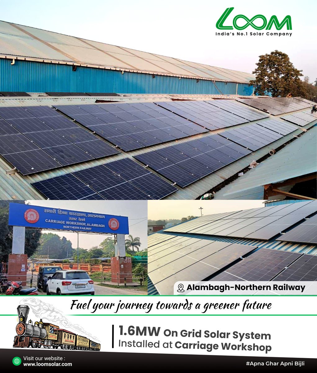 Powering India’s green future ☀️🚆
⚡ 1.6 MW On-Grid Solar installed at Carriage Workshop, Alambagh – Northern Railway.

Clean energy for critical infrastructure with lower emissions &amp; long-term savings.

#CleanEnergy #SolarPower #LoomSolar #SustainableIndia