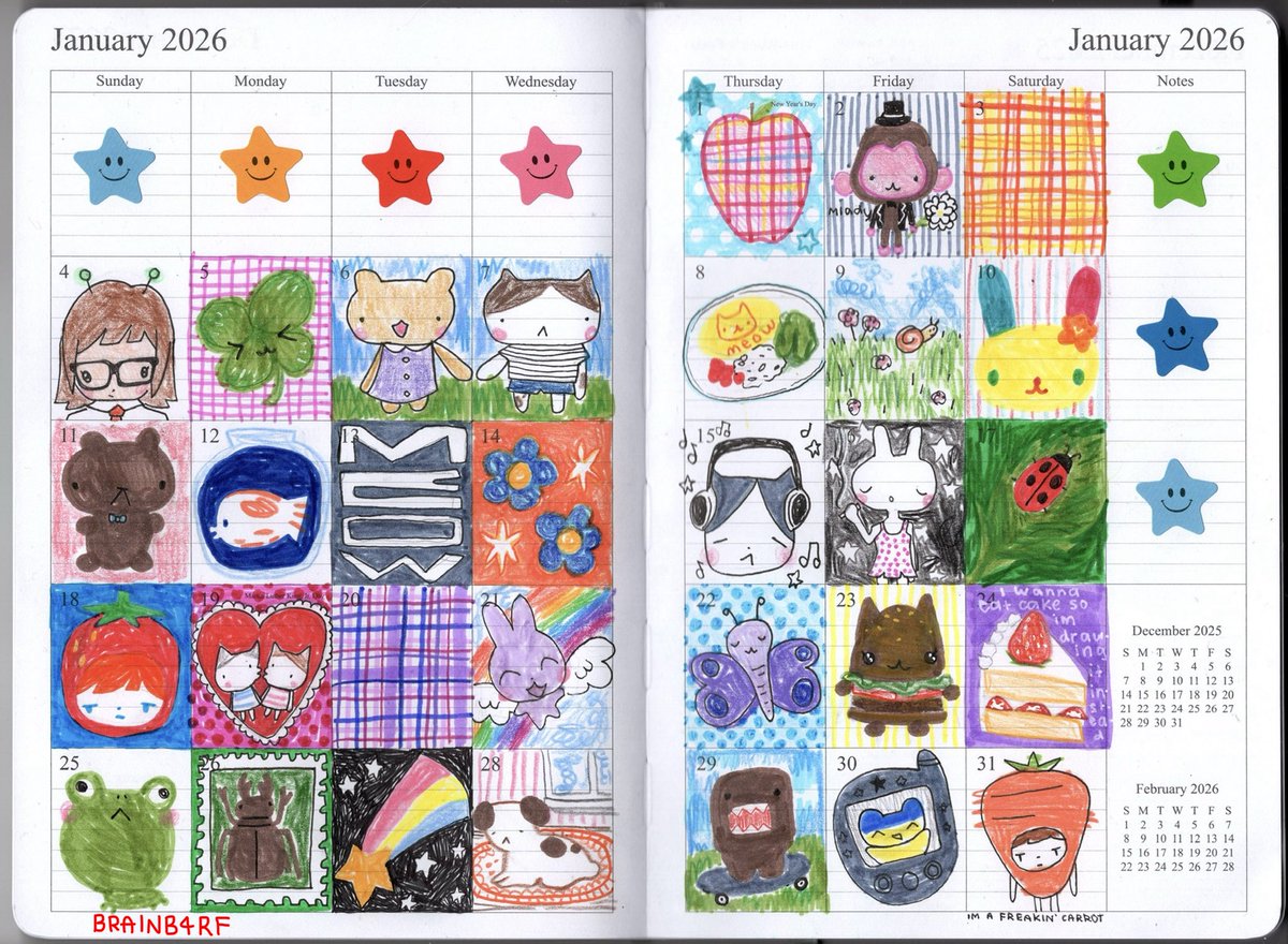 brainb4rf's tweet image. january doodle a day!! 🍀🥕🐞🪽🍎🐟