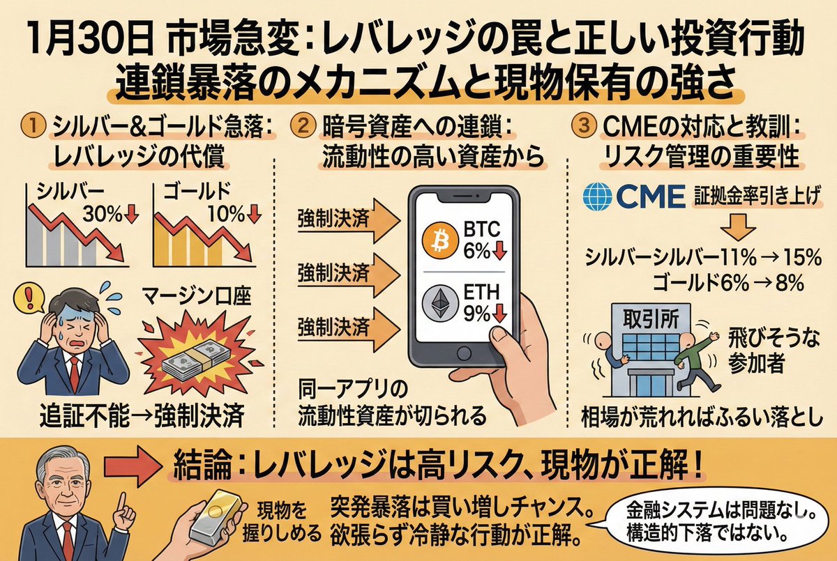 1月30日、シルバーは一時30％前後、ゴールドも10％急落しました。  特にシルバーは個人投資家のレバレッジ比率が高く、急変動でマージン口座が一気に毀損。追加入金できない投資家は強制決済となり、その際、強制決済では最も流動性が高く処分しやすい資産から売られるため  ...