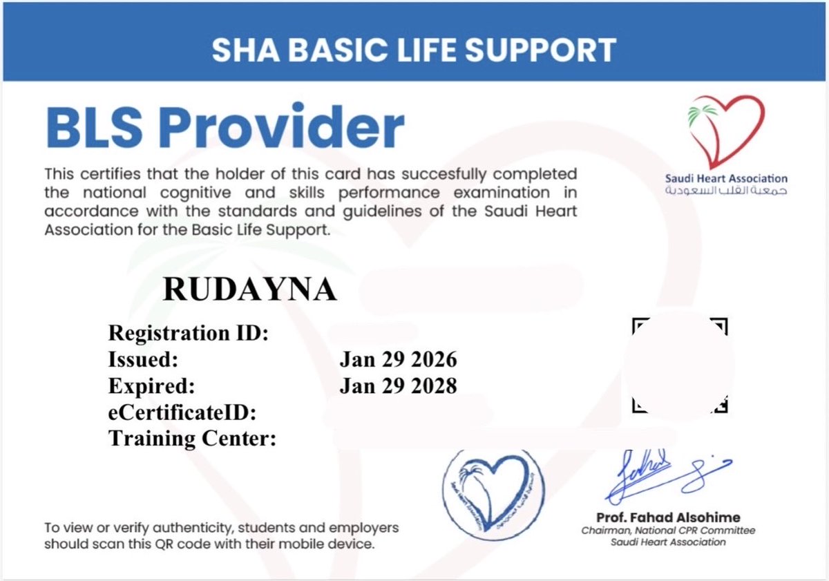 __Rudayna's tweet photo. Certified in BLS ✅
Ready when it matters most 🫀
لأن إنقاذ حياة شخص قد يبدأ بمعرفة، وليس صدفة.

#جمعية_القلب_السعودية #BLS https://t.co/Bb79IMU3u1