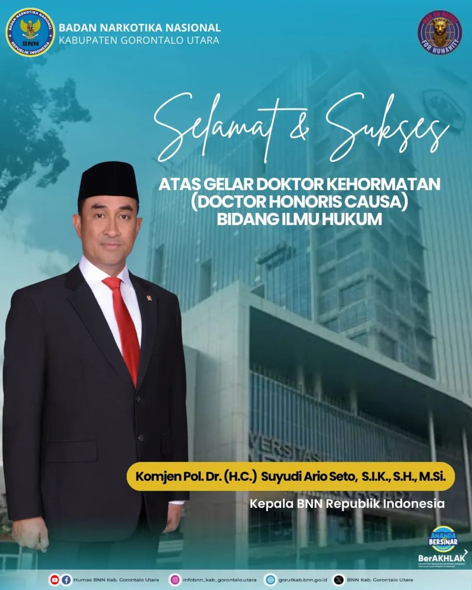 BNNKGORUT's tweet photo. Selamat dan sukses atas penganugerahan Gelar Kehormatan Doctor Honoris Causa Bidang Ilmu Hukum kepada Komisaris Jenderal Polisi Dr. (H.C.) Suyudi Ario Seto, S.I.K., S.H., https://t.co/v4AyuTb6cr.

#warondrugsforhumanity https://t.co/8y88EmDYL8