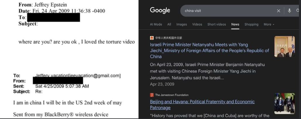 EbinEbi17219635's tweet photo. Epstein'ın patronu kim diye düşünmeye gerek yok.
Mail - Tarih : 24 Nisan 2009
"Çin'deyim. Mayıs'ın ikinci haftası Amerika'da olacağım."
Haber - Tarih : 23 Nisan 2009
"İsrail Başbakanı Benjamin Netenyahu, Çin Halk Cumhuriyeti Dış İşleri Bakanı Yang Jiechi ile görüşecek." https://t.co/slLLH3Qwb2