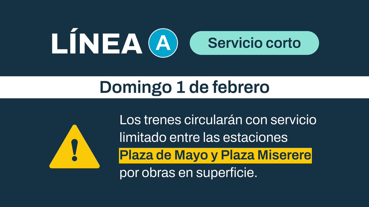 AmbaTransporte's tweet image. #LineaA INFORMACION IMPORTANTE ⚠️ 
El domingo 1/02 el servicio circula con recorrido limitado entre Plaza de Mayo y Plaza Miserere por obras en SUPERFICIE vinculadas a la traza del TRAMBUS T1 🙄🟠🚇