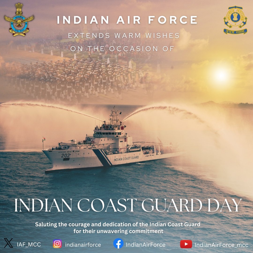 All Air Warriors of the #IAF convey their best wishes to all personnel, veterans &amp; families of Indian Coast Guard on the occasion of their #RaisingDay.

<a href="/IndiaCoastGuard/">Indian Coast Guard</a>
<a href="/DefenceMinIndia/">रक्षा मंत्री कार्यालय/ RMO India</a>
<a href="/SpokespersonMoD/">Ministry of Defence, Government of India</a>
<a href="/HQ_IDS_India/">HQ IDS</a>
<a href="/adgpi/">ADG PI - INDIAN ARMY</a>
<a href="/indiannavy/">SpokespersonNavy</a>