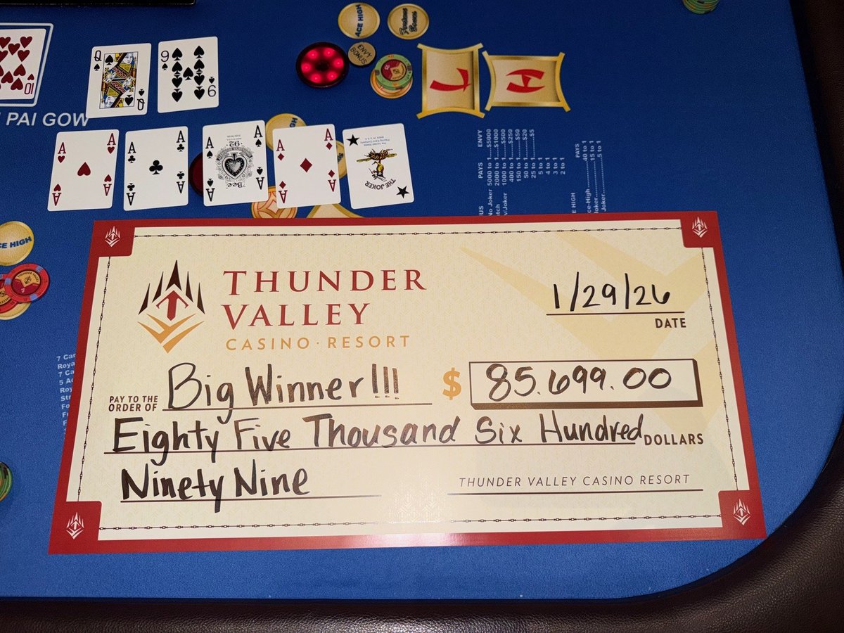 Thunder_Valley's tweet photo. One lucky winner hit a $85,699 win on Face Up Pai Gow! 💰🎉 https://t.co/UBP5XHpZoP