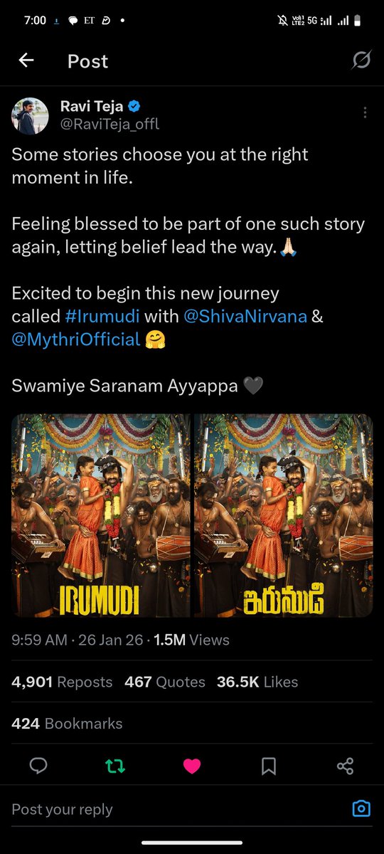 TeamRaviteja's tweet photo. #Irumudi 1.5m impressions 💥
#Raviteja https://t.co/ubnB8UXdtz