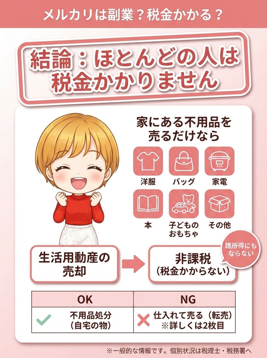 メルカリの確定申告、結局どこから必要なの？👀 って迷う人向けにまとめました。 結論、家の不用品を売ってるだけならほとんどの人は申告不要です。洋服やバッグ、本、子どものおもちゃなど、家にあるものを手放すのは「生活用動産の売却」扱いで、基本的に非課税。ここ  ...