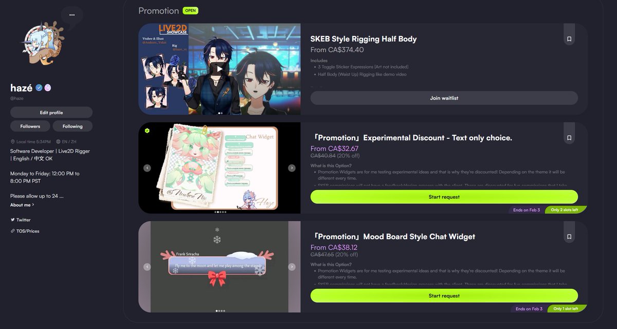 20% off on two new SKEB chat widget services up with 2 slots each!

You can either have it based on 3-5 words [text only] or submit a mood board!

Your merchant's first time running a sale~