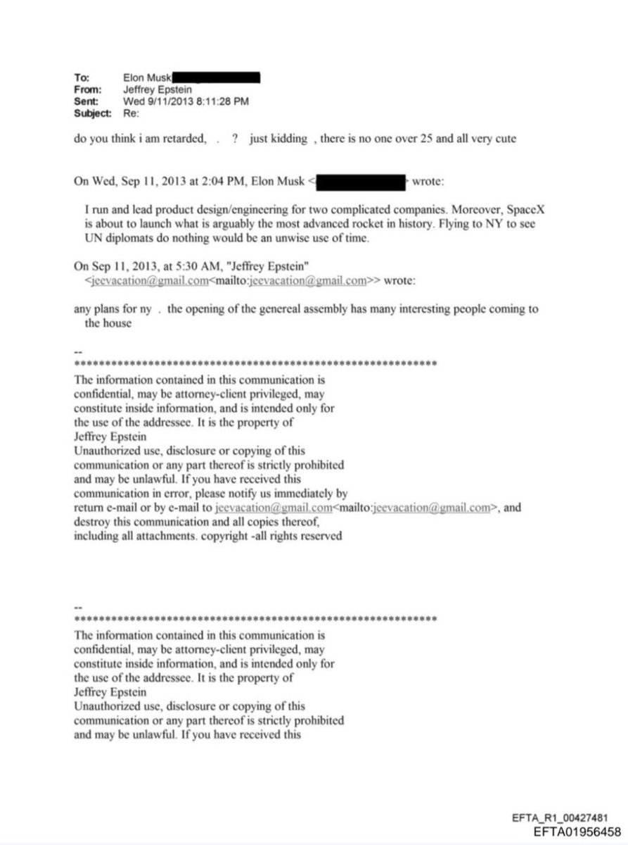 wallstwolverine's tweet photo. Epstein contacta a Elon Musk en 2013, invitándolo a Nueva York en torno a la Asamblea General de la ONU.

En el mismo hilo, hace una insinuación bromeando con que “no hay nadie mayor de 25 años y todos son muy guapos”.

Elon le responde que dirige productos e ingeniería en dos empresas exigentes. Además, SpaceX se prepara para un gran lanzamiento, y dice que volar a Nueva York para algo así sería una mala inversión de tiempo.