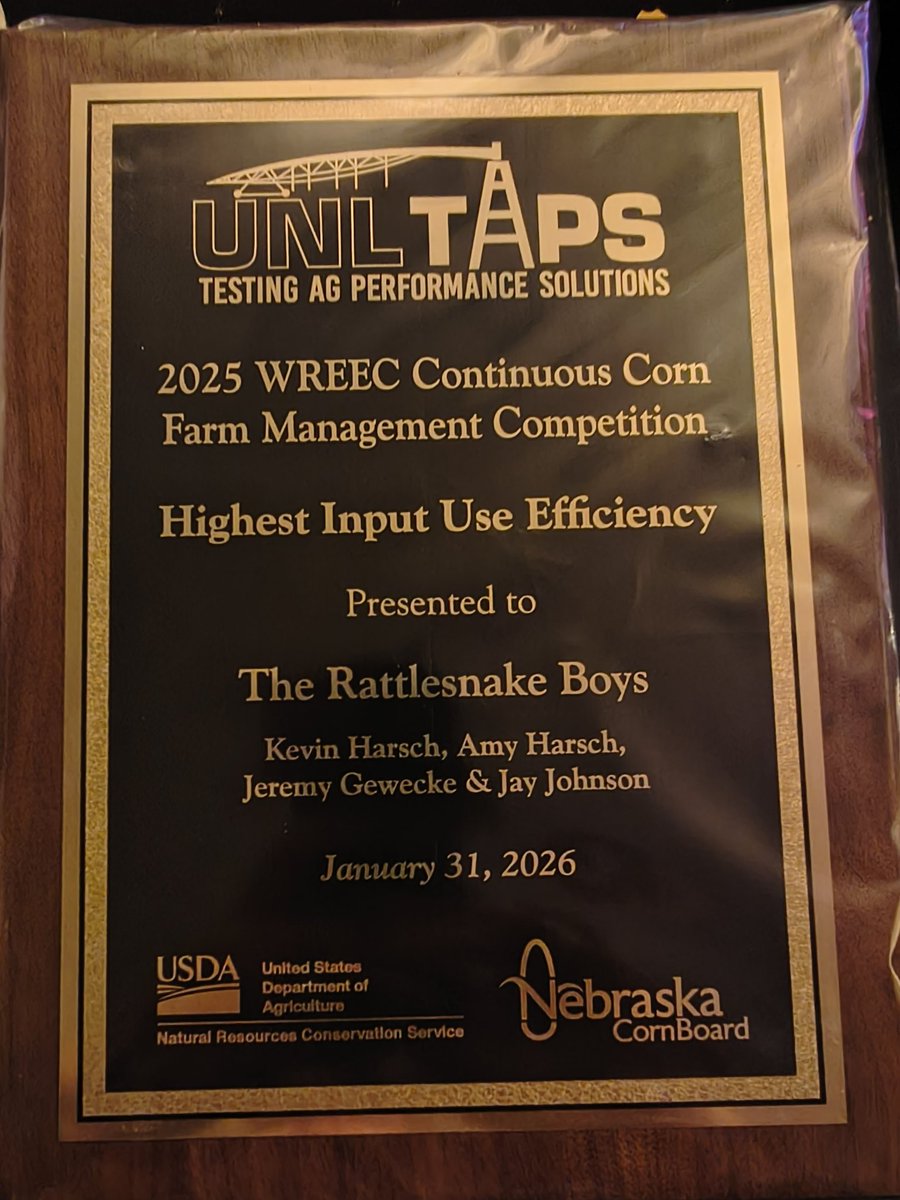 MrsNebraskaH20's tweet photo. Our 6th out of 7th year placing in TAPS and 7/7 for top 3. We also placed in the Top 3 in Productivity! @unl @unltaps @NECornBoard @PrairieFireAgS1 #farming @harsch_kevin https://t.co/4PlshQGUKk
