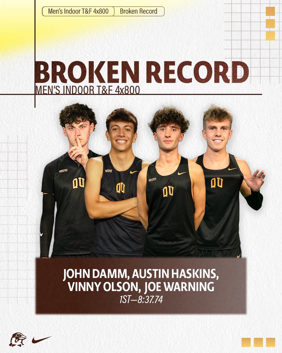 QUHawks's tweet photo. Count ’em — THREE records broken 🔥

Track &amp; Field rewrites the record book today 🦅🏃‍♂️🏃‍♀️

#HawksSoarHigher https://t.co/Ia9v3ZKetc