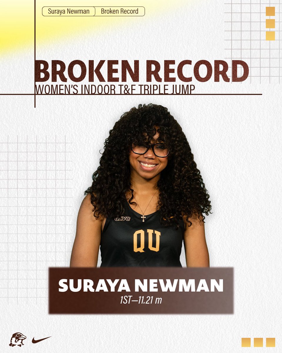 QUHawks's tweet photo. Count ’em — THREE records broken 🔥

Track &amp; Field rewrites the record book today 🦅🏃‍♂️🏃‍♀️

#HawksSoarHigher https://t.co/Ia9v3ZKetc