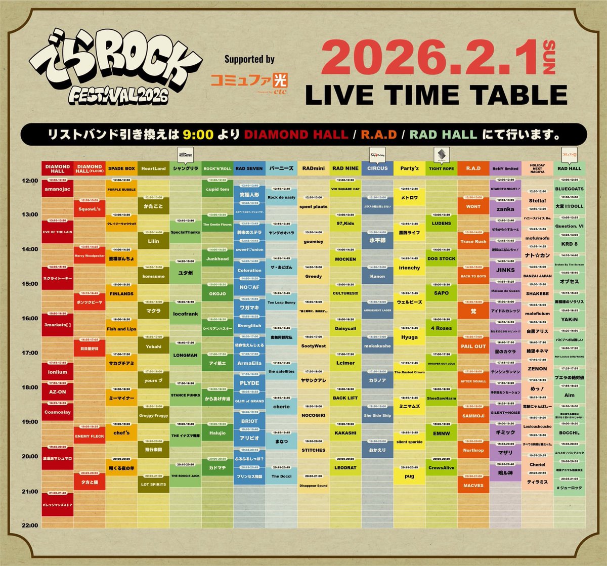 【本日の公演】
2026.02.01(sun)

でらROCK FESTIVAL 2026

出演者多数

OPEN/START 12:00/12:30

リストバンド引き換えは9:00よりDIAMOND HALL/R.A.D/RAD HALLにて行います。