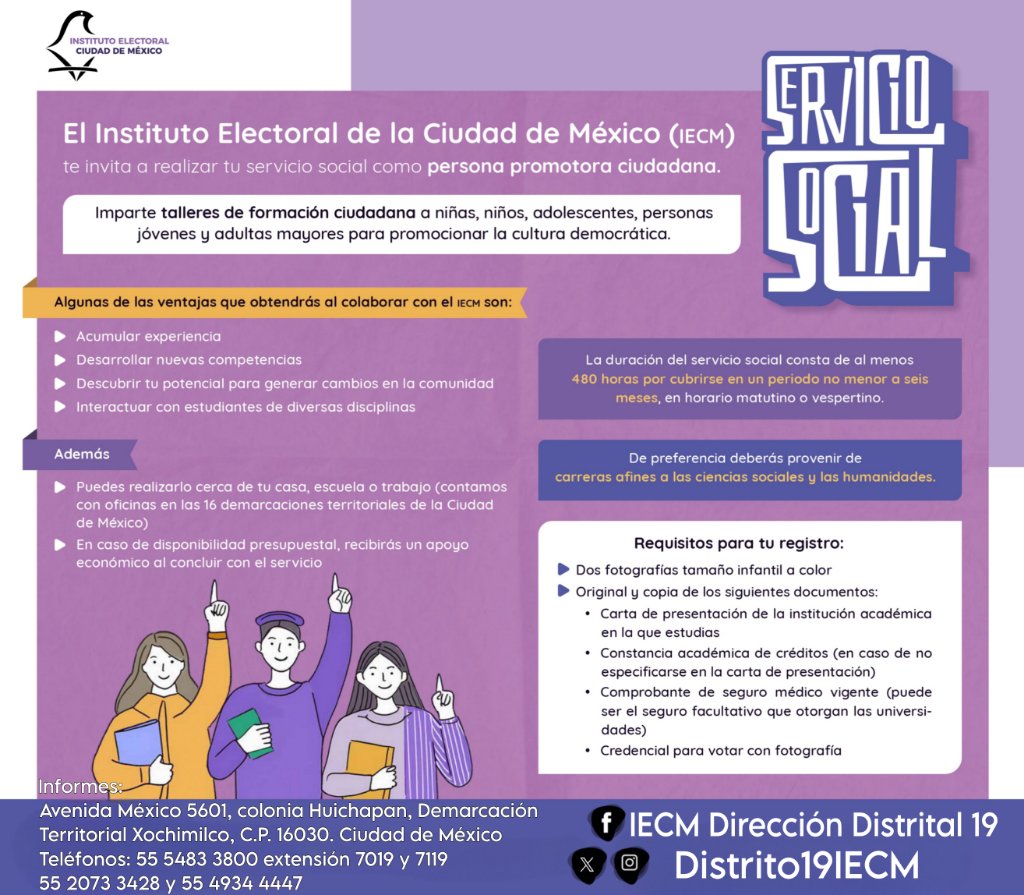 Distrito19IECM's tweet image. ¿Estás por terminar tu licenciatura y buscas dónde realizar tu servicio social?
¡No busque más y acércate a nosotros!
¡Somos la mejor opción!
#IECM
#Distrito19
#serviciosocial
#democracia
#educacióncívica