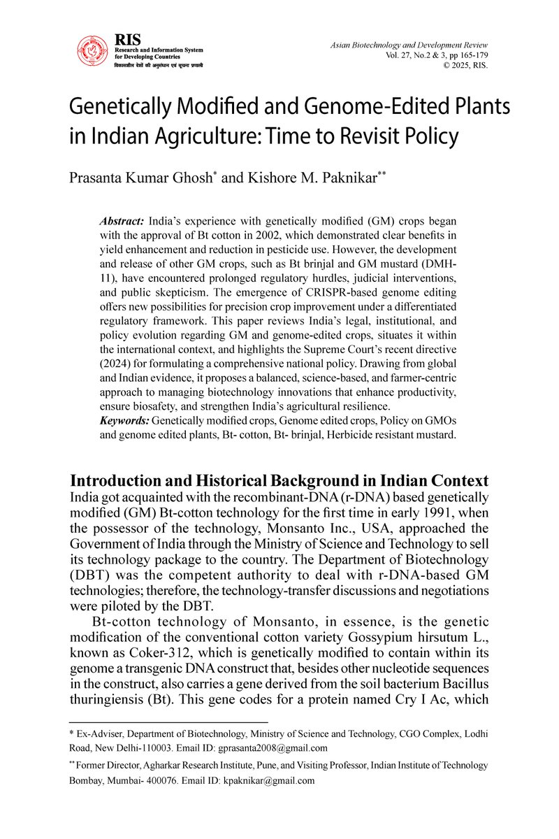 Our policy article “Genetically Modified and Genome-Edited Plants in Indian Agriculture: Time to Revisit Policy” is now published in Asian Biotechnology and Development Review. A science-based, farmer-centric case for rethinking India’s GM &amp; genome-editing policy.