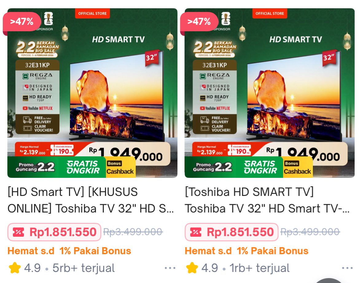 Karena hati saya sedang ria, hari ini Smart TV Toshiba diskon besar.

Silakan dicoba terlebih dahulu, siapa tau kita cocok :)