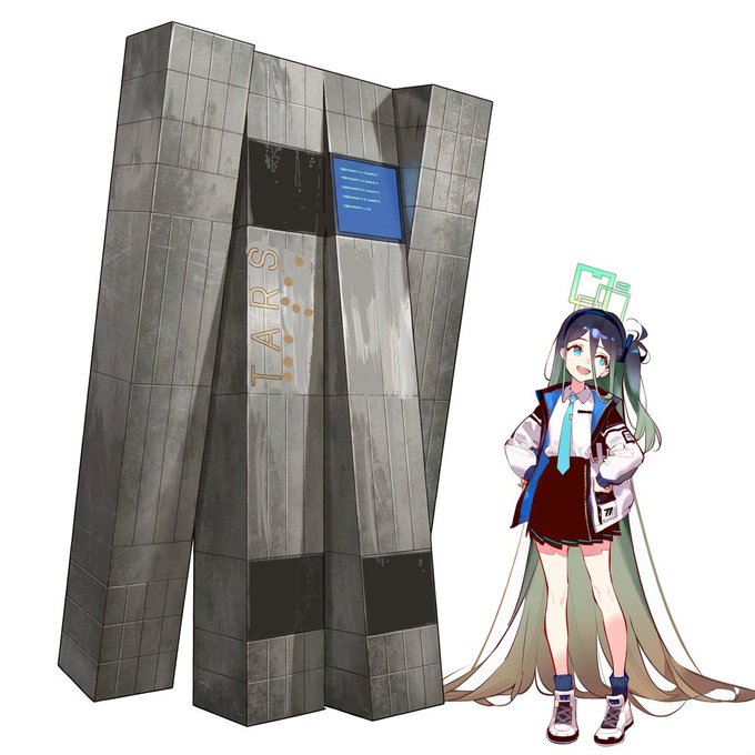 #ブルーアーカイブクロスオーバー 待ち合わせ中の二人 元ネタ『インターステラー』のロボットTARSとアリス 色々あって流れ着いてきてゲーム部に拾われたらしい 「待ち合わせって暇だねぇ。何かゲームしようよ」 「ふむ。それではしりとりなんてどうだ?」