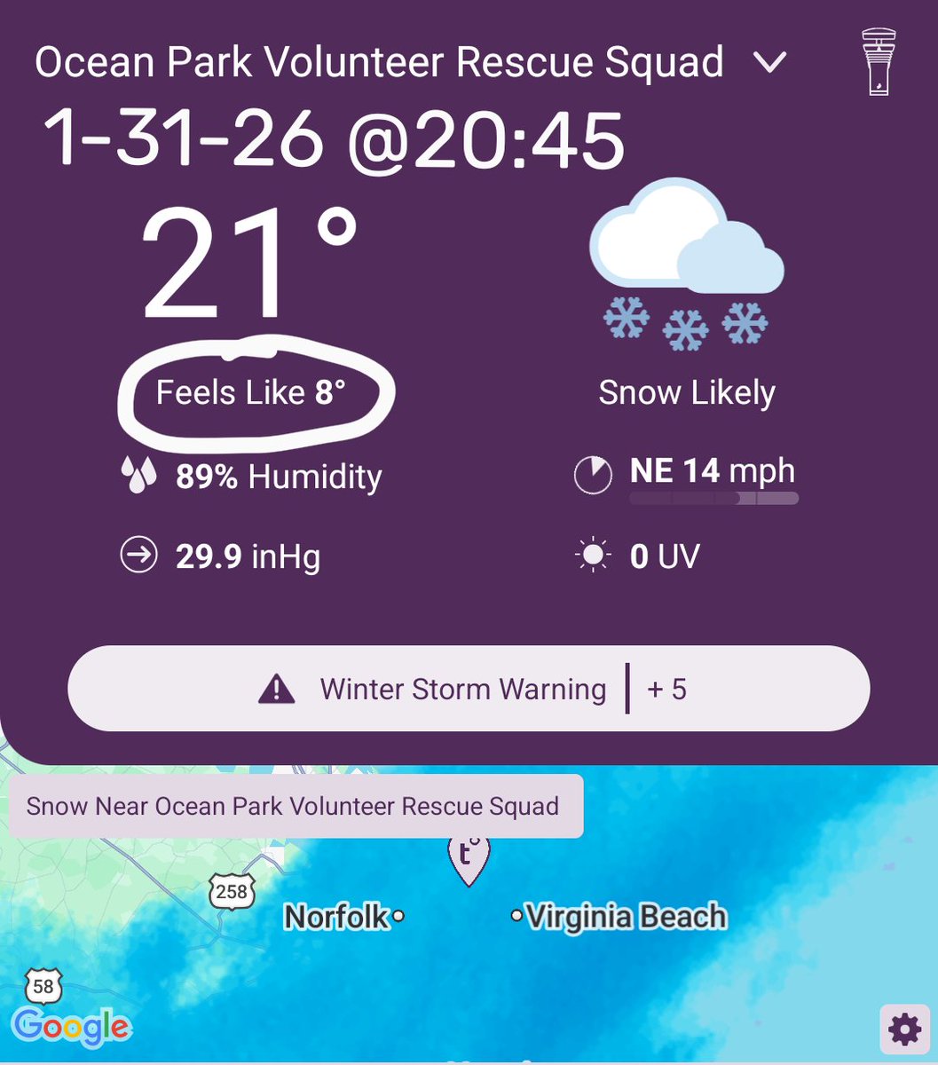opvrs's tweet photo. Wind Chill is no joke. ❄️ There is no need to go sightseeing tonight. 🚫  It's not worth it. You can follow the OPVRS Weather Station here:
https://t.co/NgzGNggFxK
OPVRS is on duty and ready to respond 24/7. 
#WindChill #VirginiaBeach #OPVRS #RescueSquad #WeLoveShoreDrive https://t.co/gDC7WzZSYc