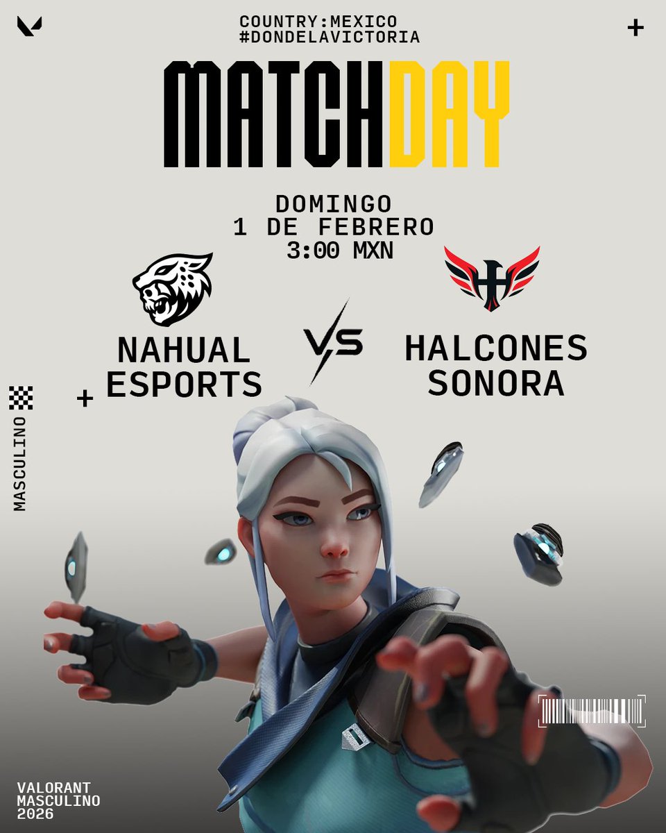 NahualEsports's tweet photo. MATCH DAY – University League
@UniEsportsMX
🐆 Nahual Esports vs 🦅 Halcones Sonora
La batalla está por comenzar.
Mañana se revelarán varios invitados especiales que estarán viendo el juego en vivo y casteando.
🗓 1 de febrero de 2026
⏰ 3:00 CST
#MatchDay #UniversityLeague #ValorantMX #DondeLaVictoria #NahualEsports